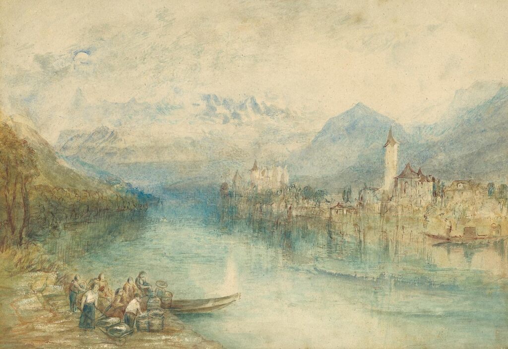 Looking towards Lake Thun, from opposite Scherzligen, with Schloss Schadau and the Niesen in the distance, Switzerland