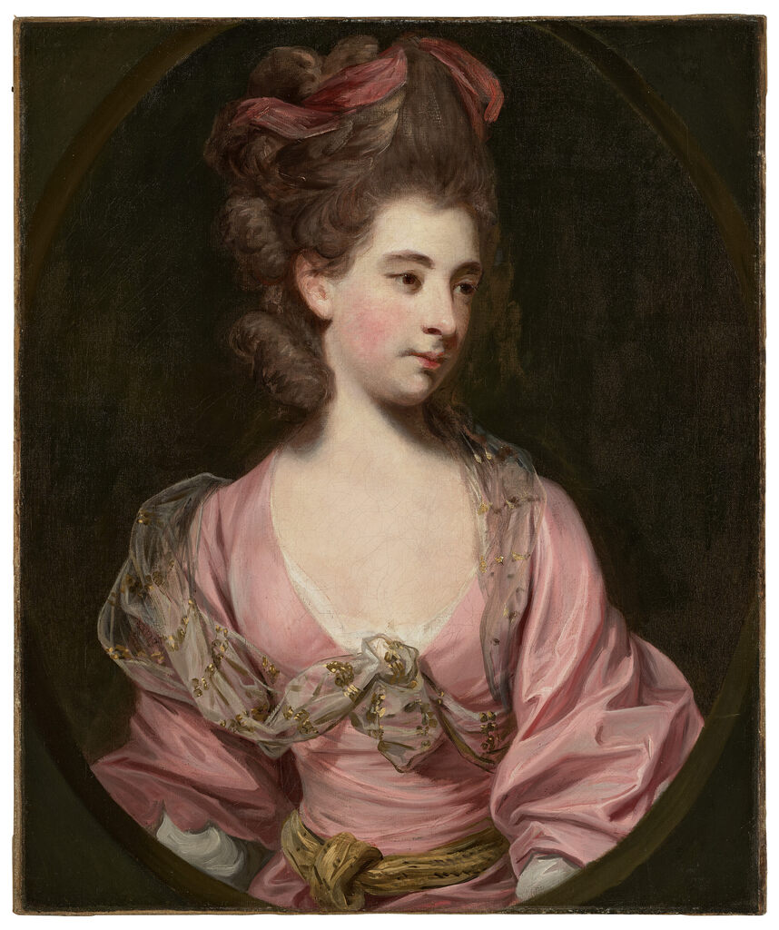 Portrait of a lady, traditionally identified as Mrs. Elizabeth Sheridan (1754-1792), half-length, in a pink dress and gold embroidered sash, in a feigned oval