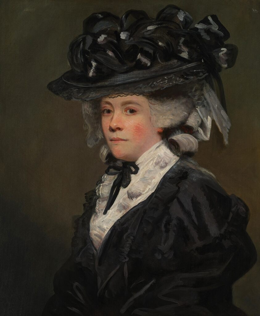 Portrait of Charlotte Grote, wearing a black dress and ribboned hat, half-length