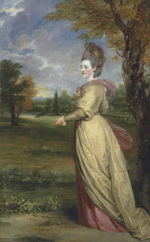 Portrait of Lady Frances Marsham, later Countess of Romney (1755-1795), full-length, in a yellow dress and pink shawl, in a park landscape