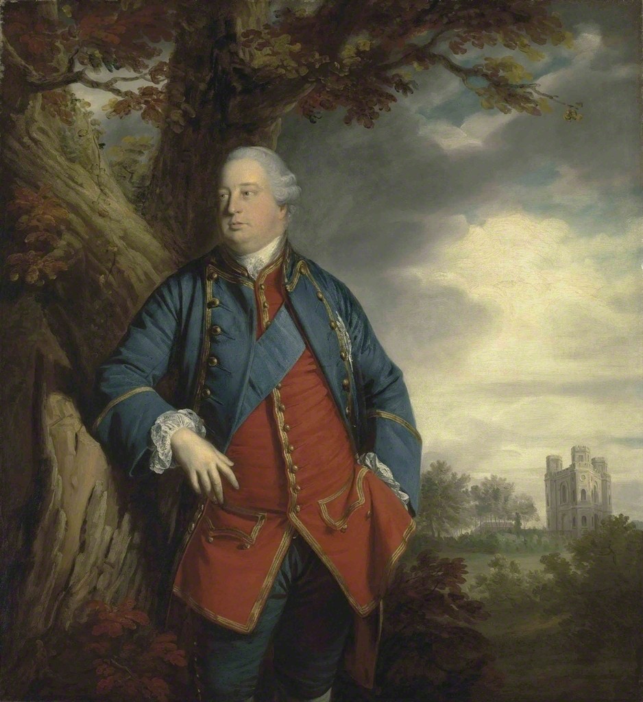 Portrait of Prince William Augustus, Duke of Cumberland (1721-1765), three-quarter-length, as a Ranger of Windsor Great Park, with the star and sash of the Order of the Garter, the tower of Fort Belvedere, Windsor Great Park, beyond