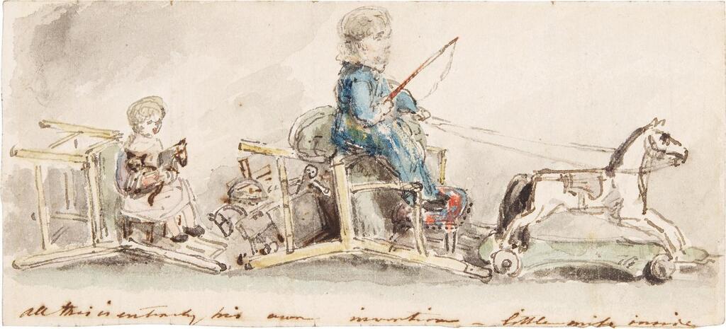 The artist's children playing 'the coach driver': probably John Charles Constable (1817-1847) and Maria Louisa (1819-1785)