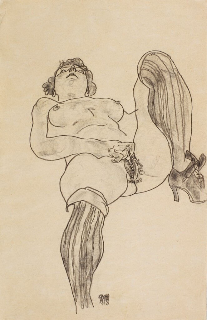EGON SCHIELE | LIEGENDER AKT MIT GESTREIFTEN STRÜMPFEN (RECLINING NUDE WITH STRIPED STOCKINGS)