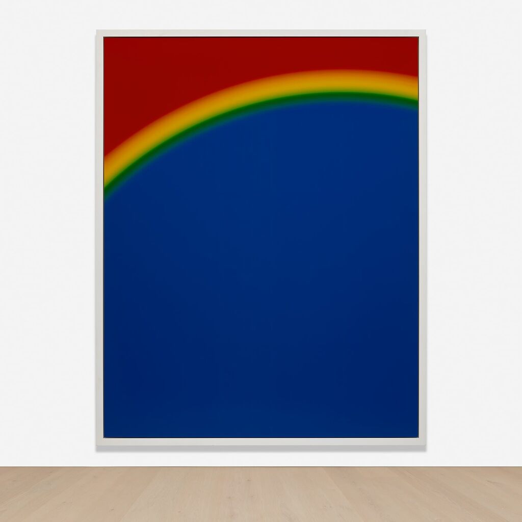 Photoshop CS: 84 by 66 inches, 300 DPI, RGB, square pixels, default gradient "Russell's Rainbow" (turn transparency off), mousedown y=25180 x=15100, mouseup y=1400 x=6400, 2009