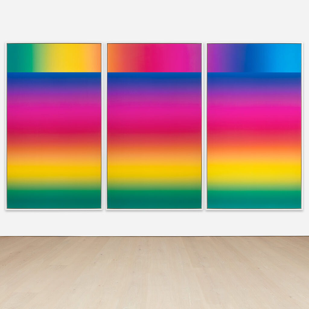 Photoshop CS: 84 by 144 inches, 300 DPI, RGB, square pixels, default gradient “Spectrum”, mousedown y=1200 x=20800, mouseup y=24020 x=20800; tool "Wand", select y=2600 x=20000, tolerance=72, contiguous= off; default gradient "Spectrum", mousedown y=2480 x=41600, mouseup y=2480 x=1200