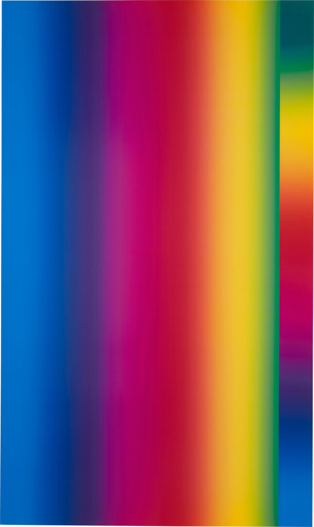Photoshop CS: 84 by 50 inches, 300 DPI, RGB, square pixels, default gradient "Spectrum", mousedown y=2000 x=1000, mouseup y=2000 x=14000; tool "Wand", select y=14000 x=8720, tolerance=40, contiguous= off; default gradient "Spectrum", mousedown y=24000 x=1