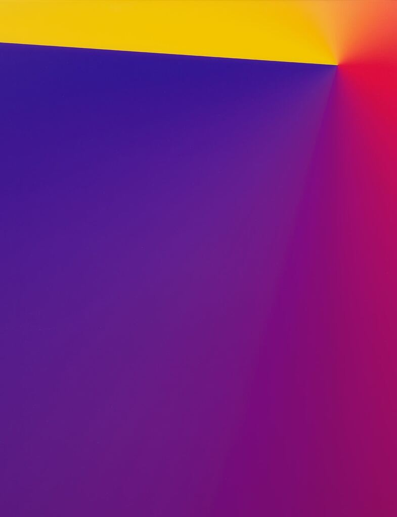Photoshop CS: 84 by 66 inches, 300 DPI, RGB, square pixels, default gradient, "Blue, Red, Yellow" (turn reverse on), mousedown y= 1550 x=18400, mouseup y=300 x=150