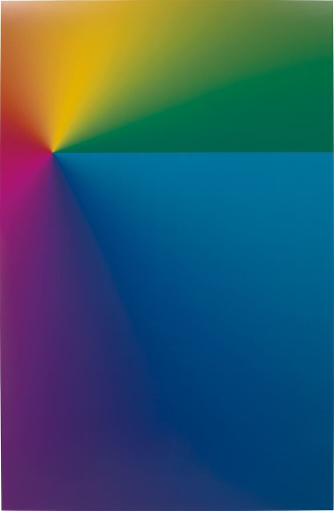 Photoshop CS: 110 by 72 inches, 300 DPI, RGB, square pixels, default gradient "Spectrum", mousedown y=9900 x=3450, mouseup y=990 x=21450