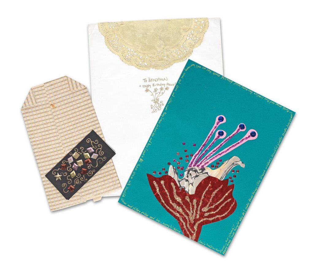 Two handmade birthday cards from the artist to fashion designer, Benjamin Liepelt