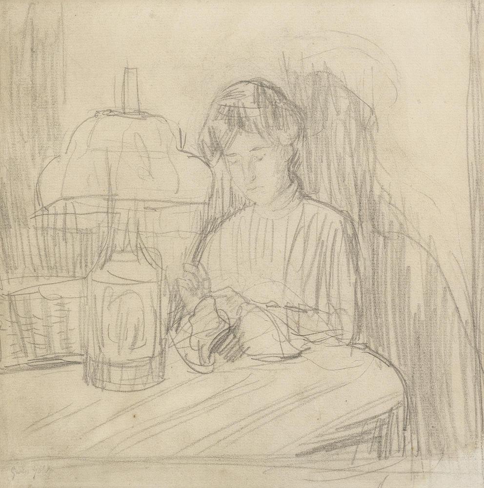 A Woman Sewing by Lamplight