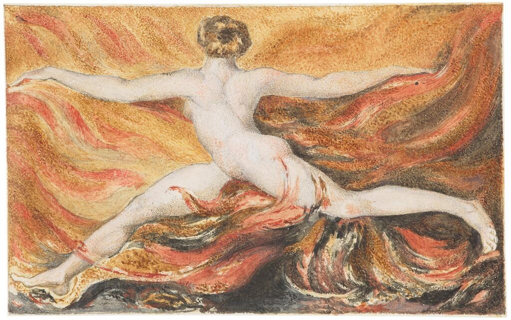 The First Book of Urizen: Plate 3: 'O flames of furious desire'; subsidiary pencil sketch (verso)