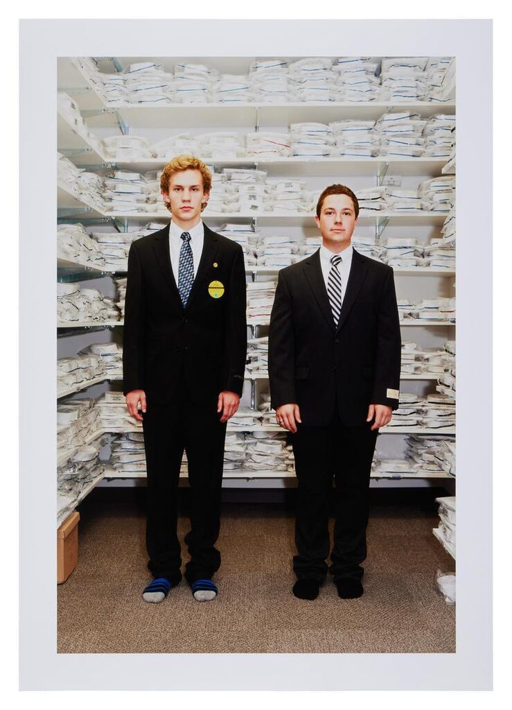 'Salt Lake City, Utah' (Mr. Mac's. Two Missionaries trying on their suits. Matthew Tanner on left and Preston Toone on right.)