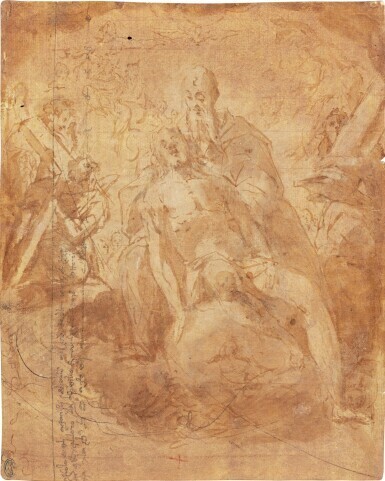 Christ in glory with God the Father and the Holy Spirit surrounded by Angels with the symbols of the Passion