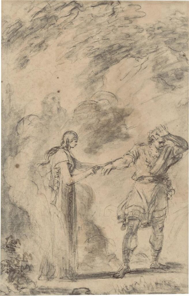 A scene from Ariosto's Orlando Furioso: Melissa puts the magic ring on Roger's finger