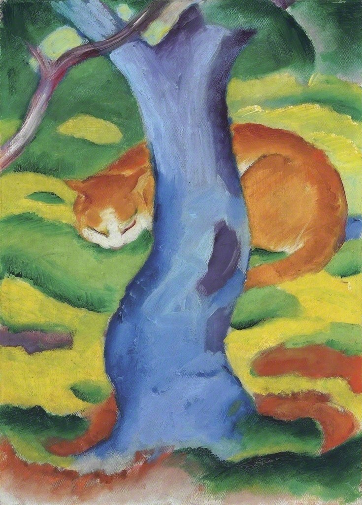 Kinderbild (Katze hinter einem Baum)