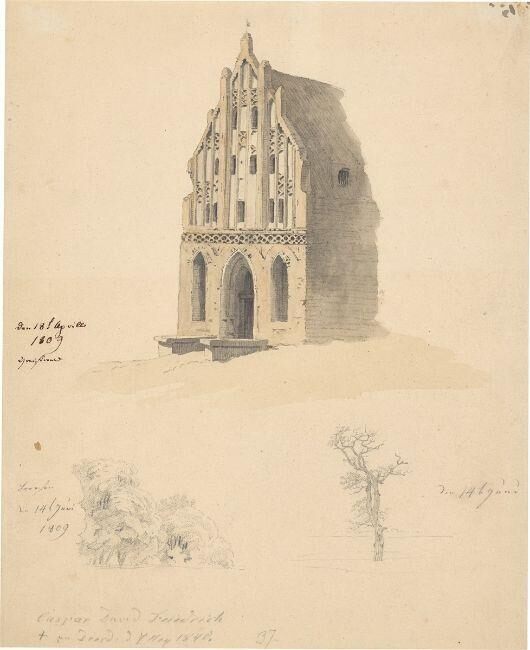 Gothic brick buildings and small tree studies