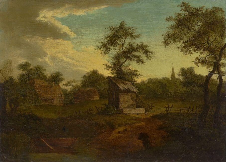 Landscape with thatched roof huts in a forest