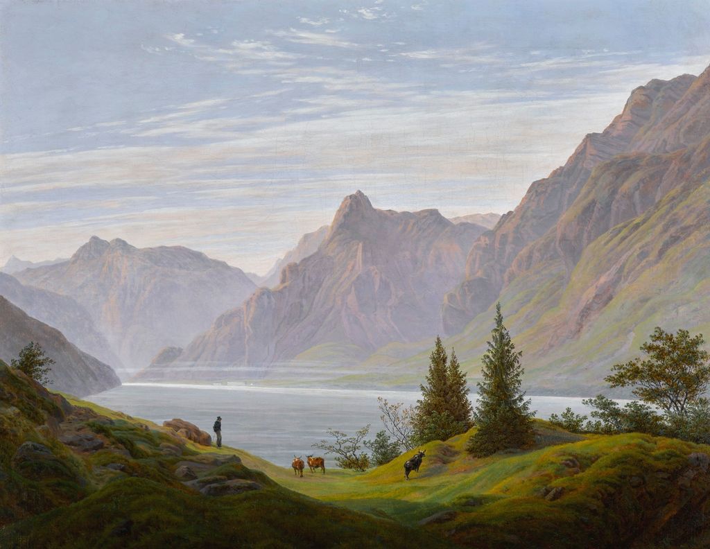 LANDSCHAFT MIT GEBIRGSEE, MORGEN (LANDSCAPE WITH MOUNTAIN LAKE, MORNING)