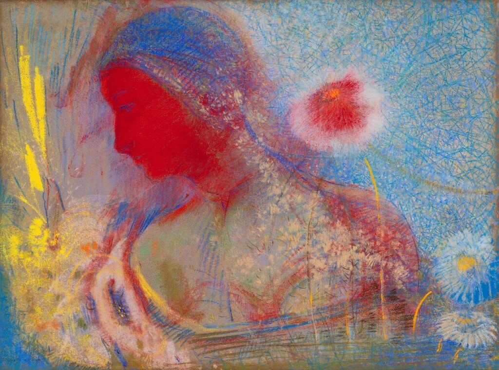 Tête de femme rouge, entourée d'une germination de fleurs