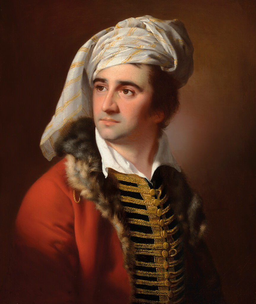 Portrait of a gentleman in a red fur-trimmed coat, frogged waistcoat and a white turban