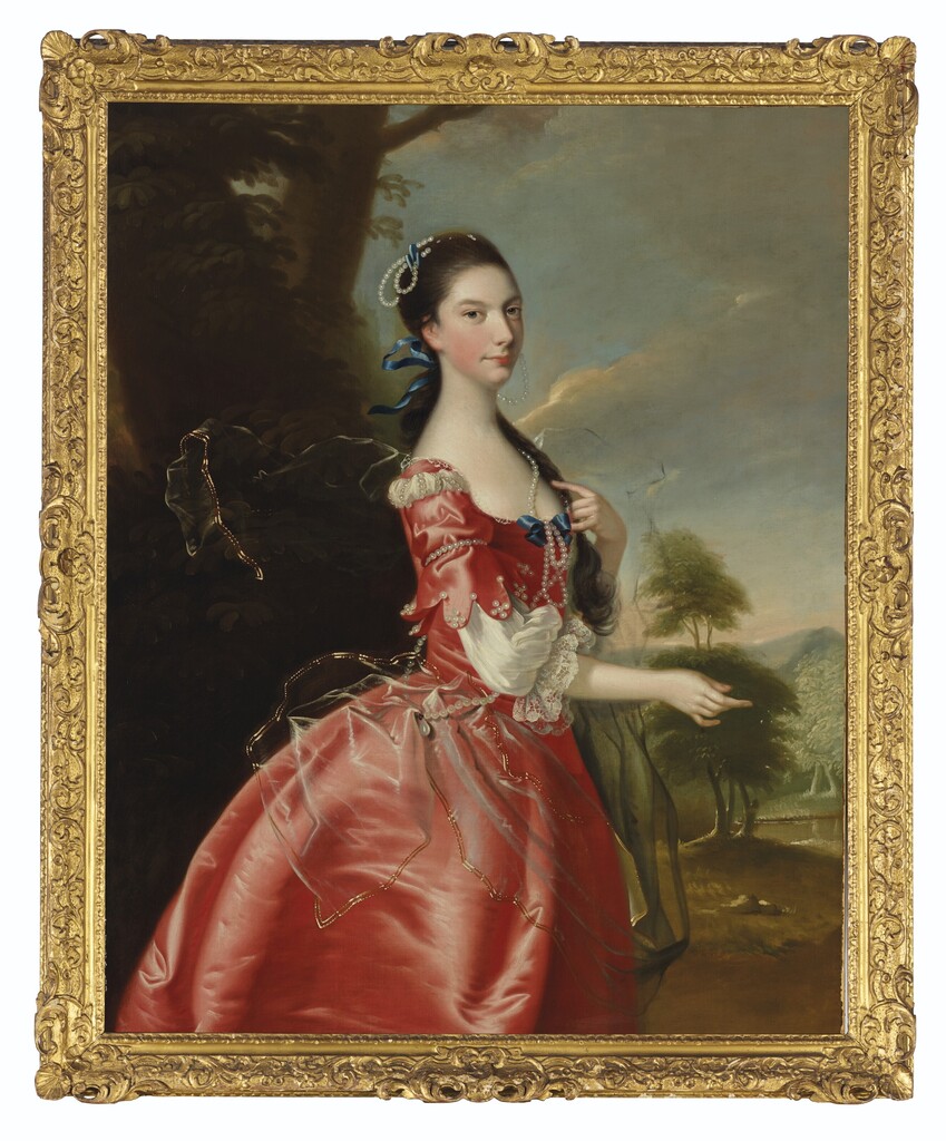 Portrait of Miss Ann Carver before a landscape, three-quarter-length