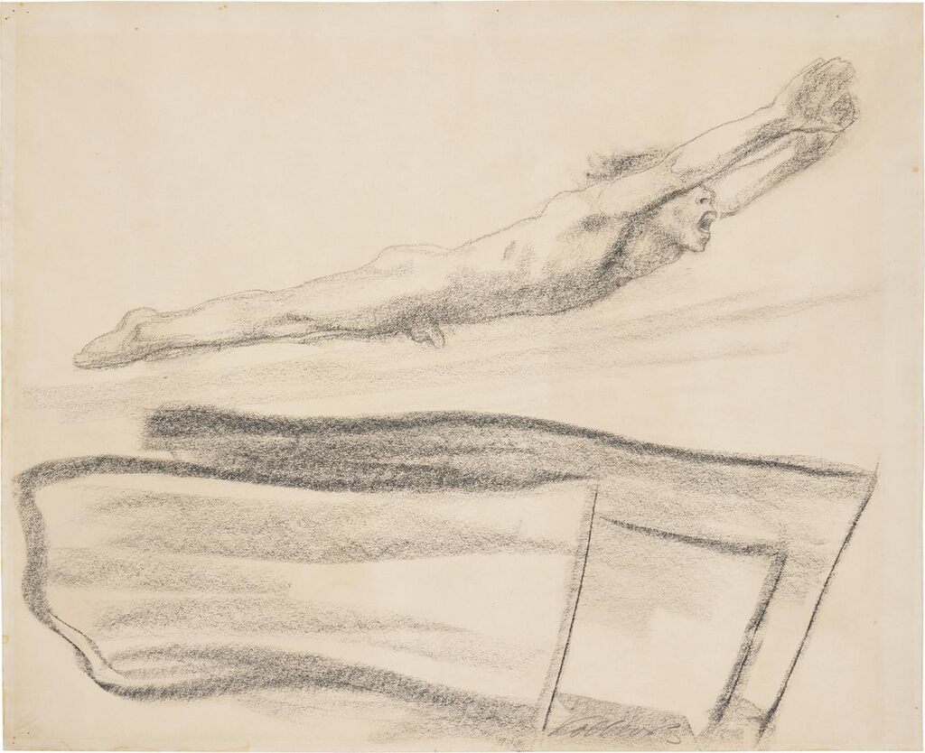 Fahnen, drei Fahnen, darüber eine nach rechts aufwärts schwebende nackte männliche Gestalt (Flags, Three Flags, A Naked Male Figure Floating Above Them)