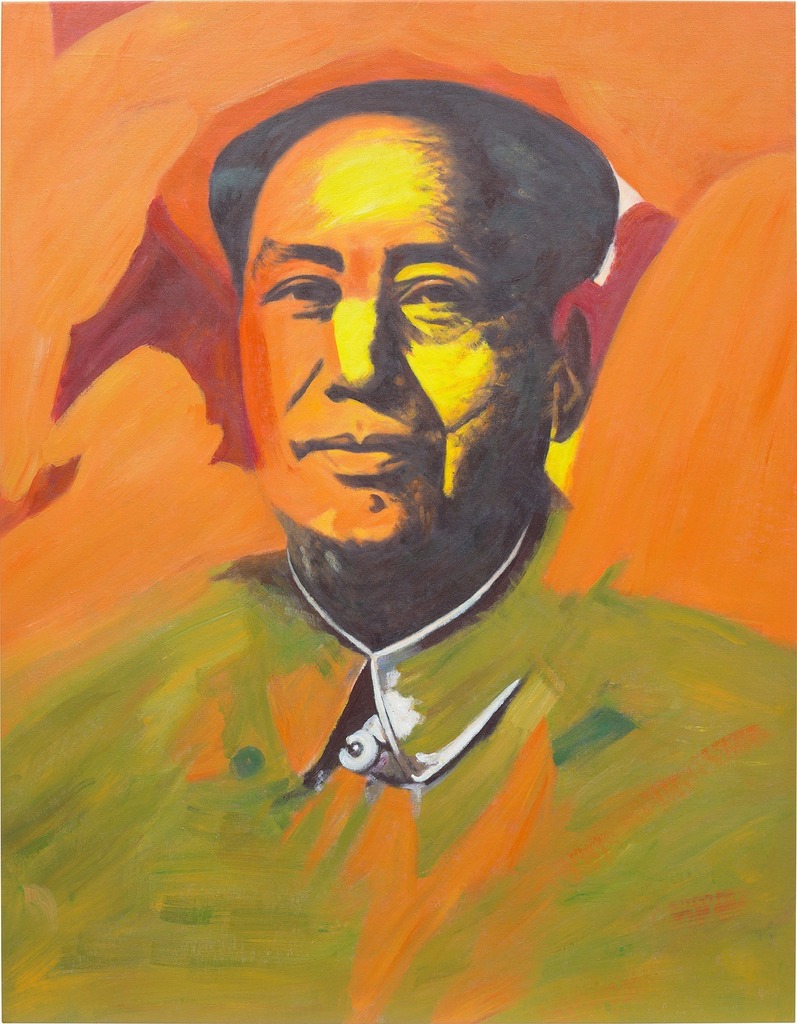 Andy Warhol's Chairman Mao Hand Made in the People's Republic of China (Medium 04 Orange background yellow face green shirt)