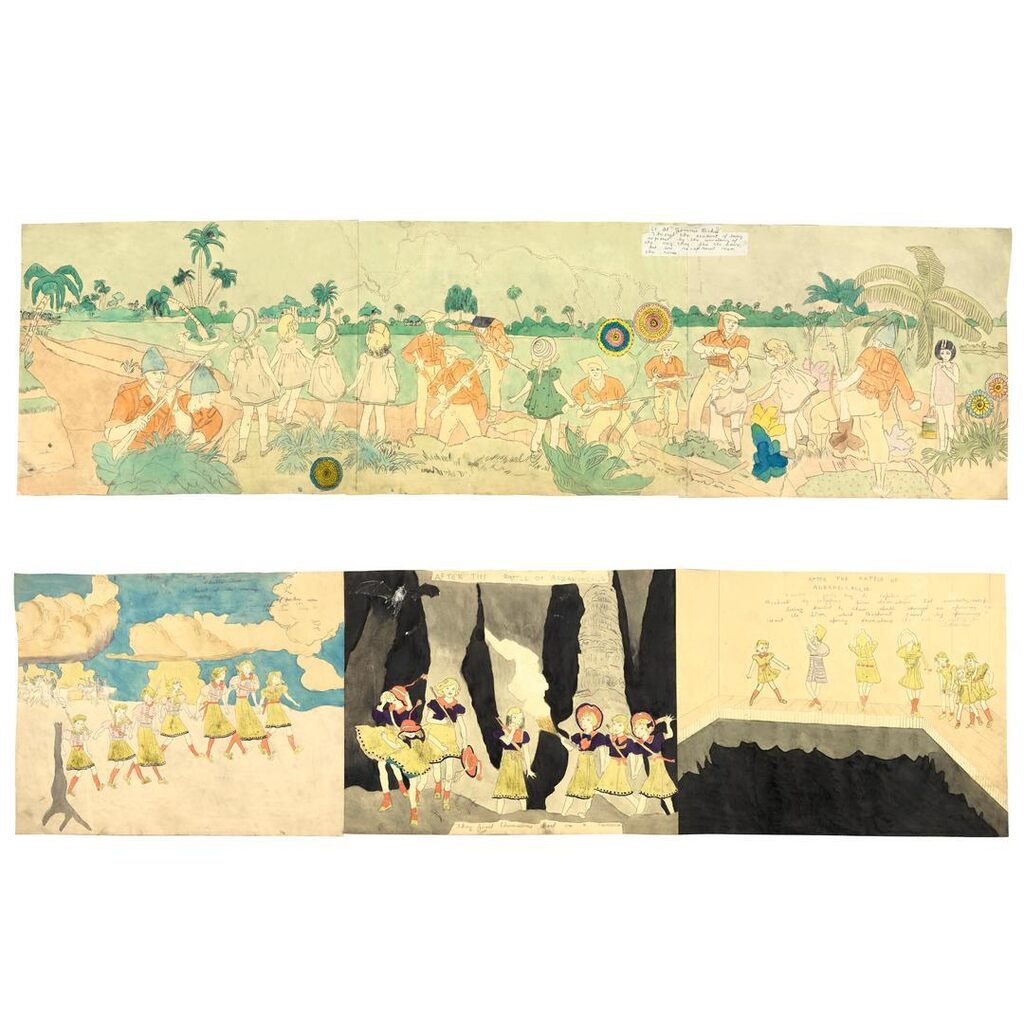 Lost in the heart of the enemys territory. Glandelinian cavarly on left of the picture saw them and gave chase but the little girls went their way to swiftly. (recto); 65 At Jennie Richee. Through the accident of being exposed by the unrolling of the rug, they flee the house, but are recaptured near the river. (verso)