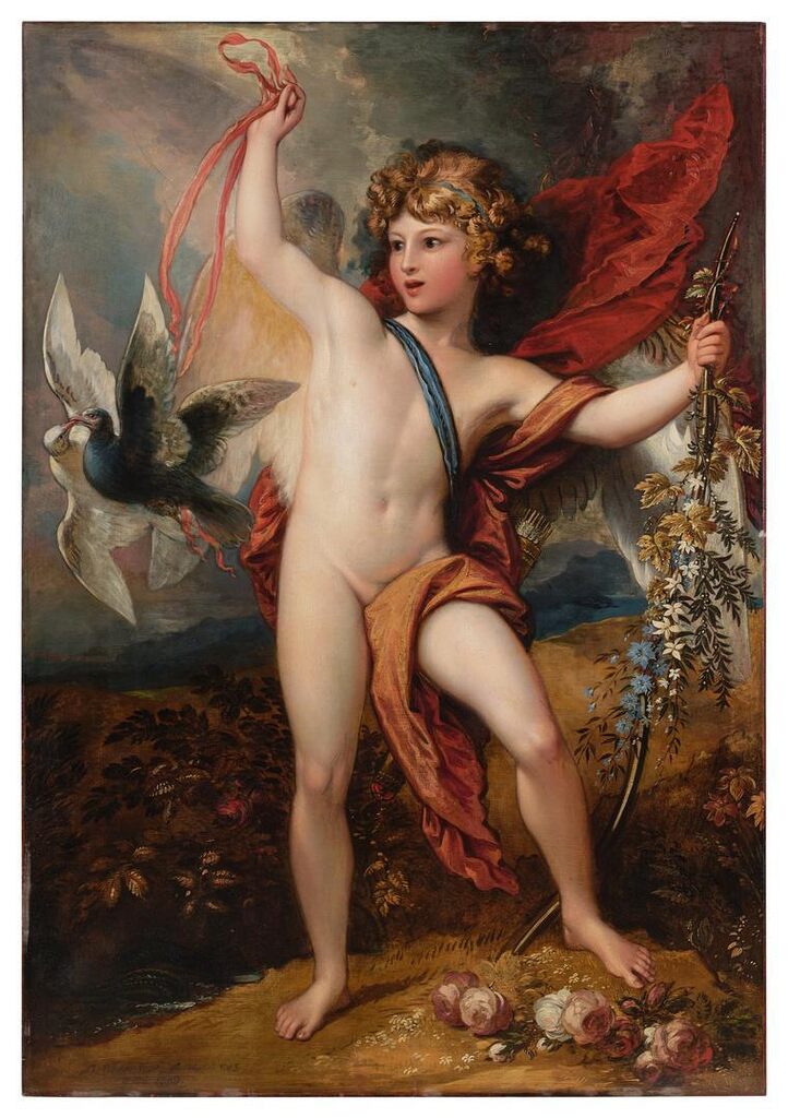 Cupid releasing two doves