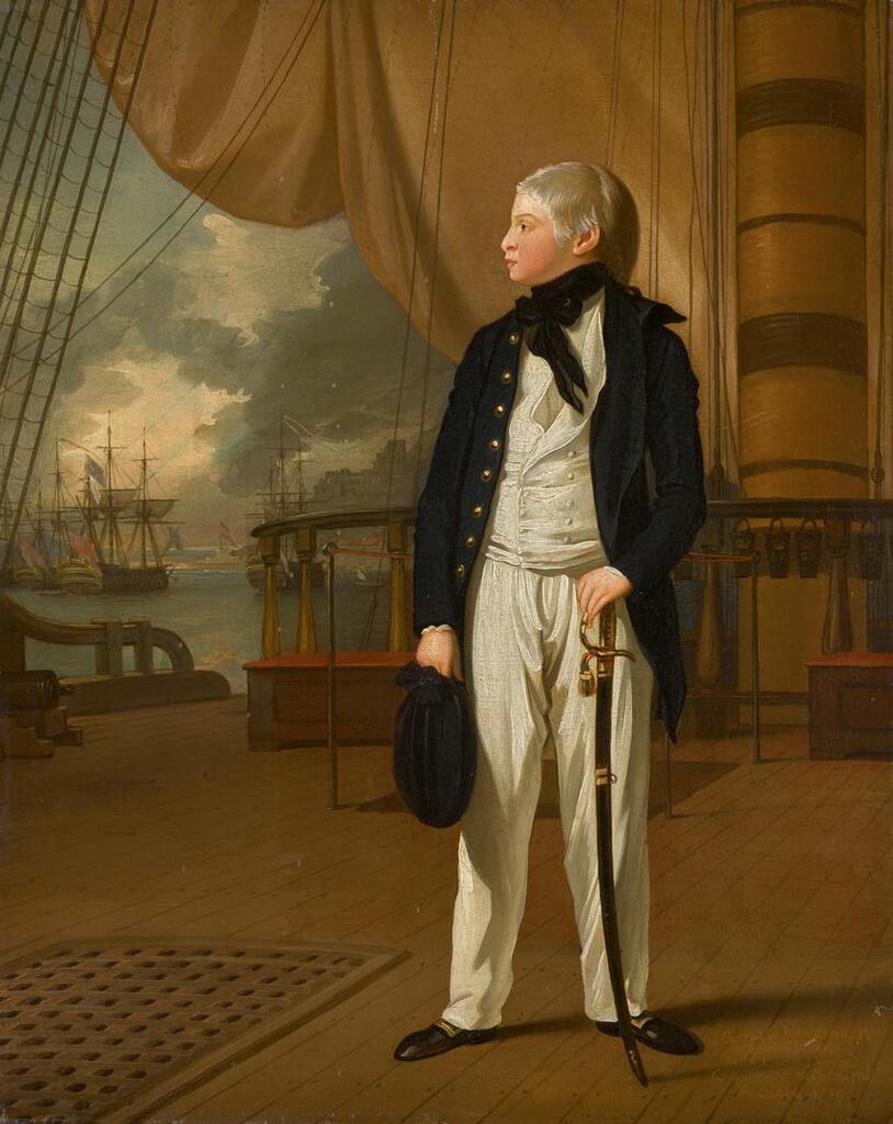Portrait of Prince William, later King William IV of Great Britain (1765–1837), when a midshipman, in naval uniform standing on the deck of HMS Prince George