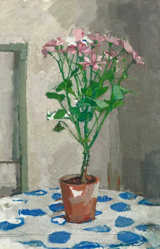 Pink Potted Flowers on Cloth with Blue Design
