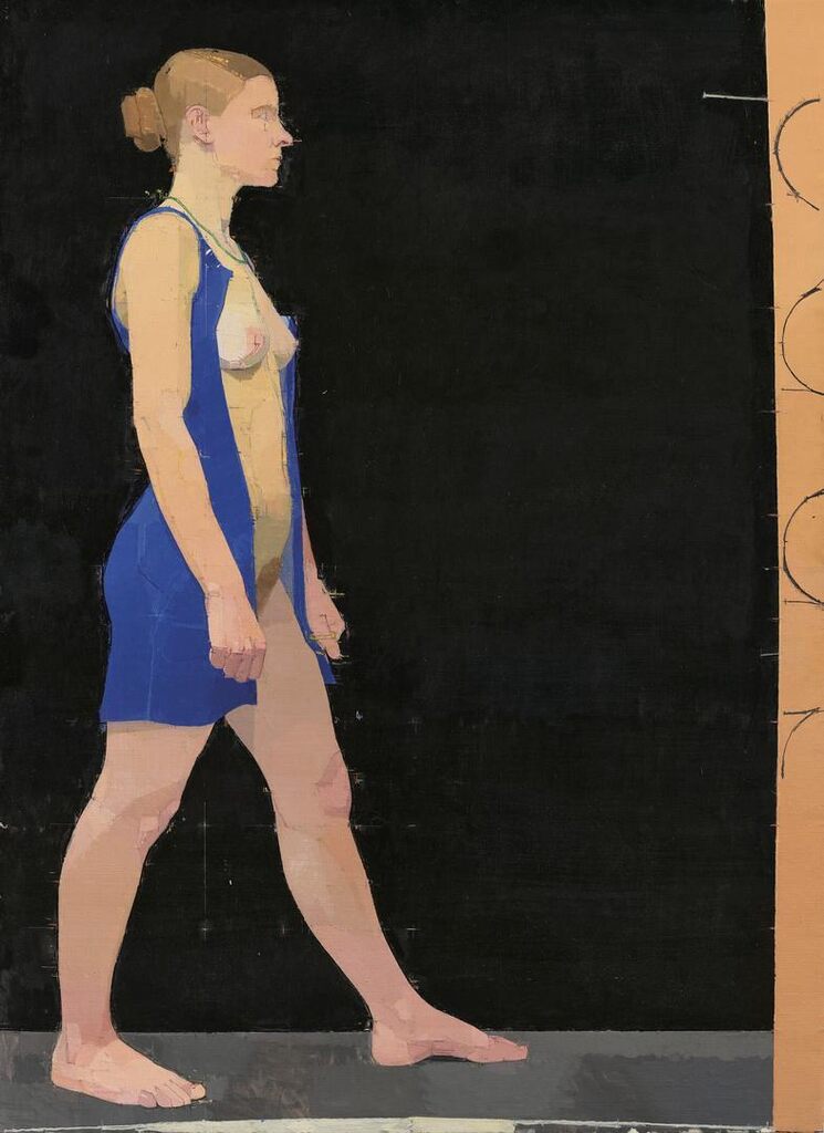 Striding Nude, Blue Dress