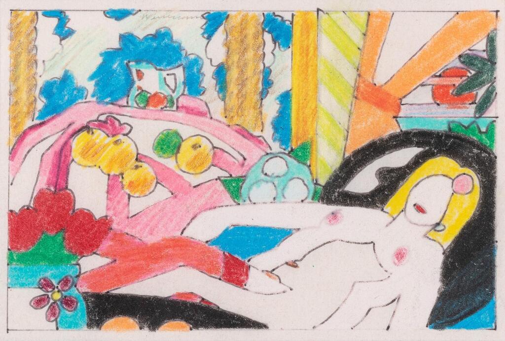 Study for Sunset Nude, with Matisse apples on pink tablecloth