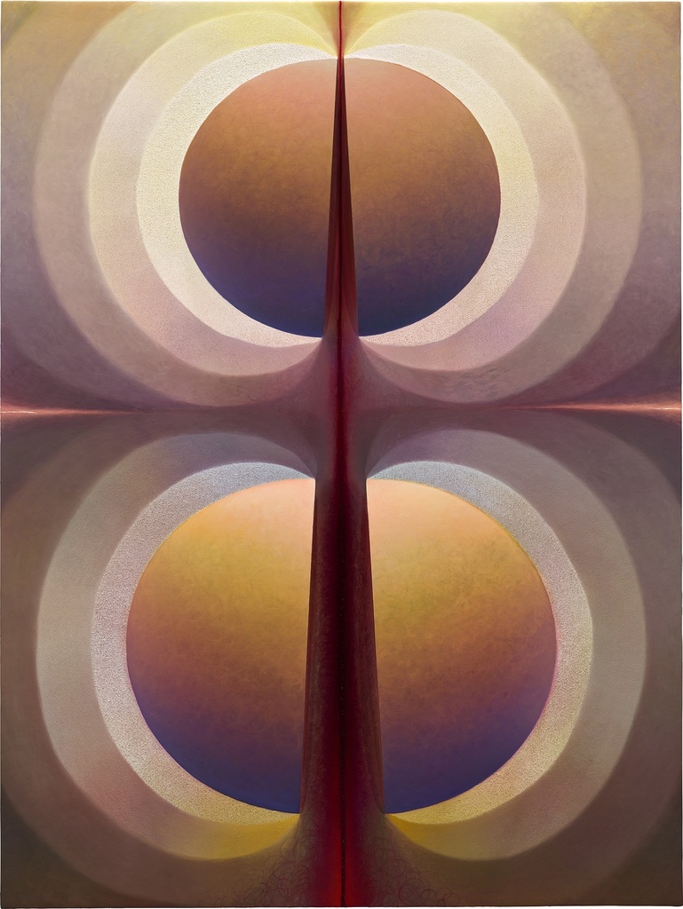 Split Orbs in gray-brown, yellow, purple and carmine