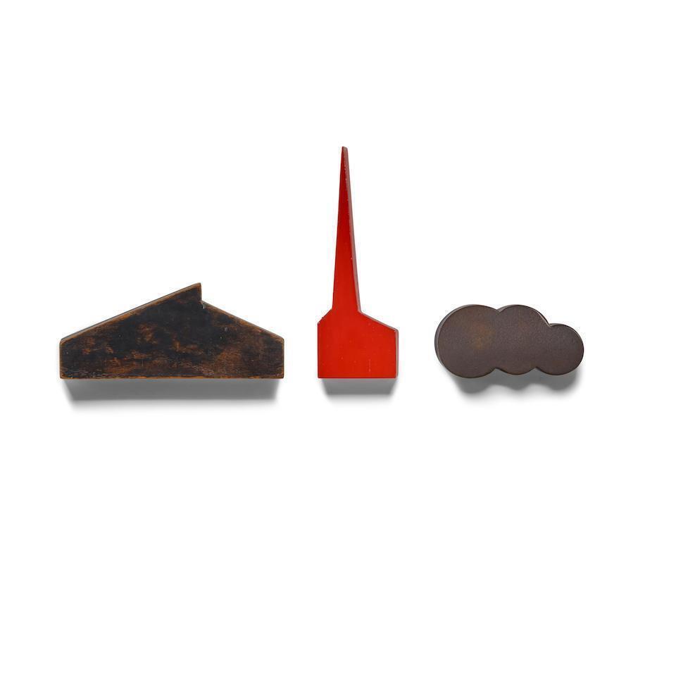 No title (small ranch house); No title (small red chapel); No title (bronze cloud)