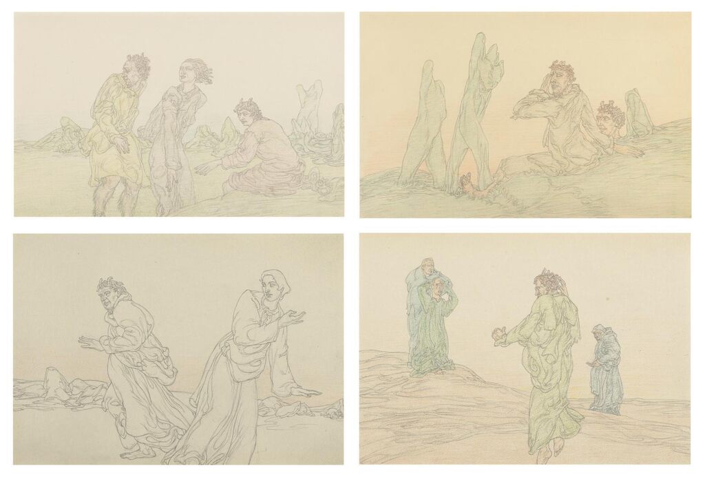 Robed figures in a landscape: four drawings from the album 'Threshold: Quasi-Automatic Drawings'