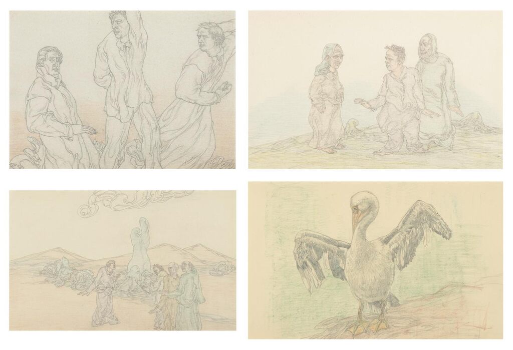 Robed figures and pelican in a desolate landscape: four drawings from the album 'Threshold: Quasi-Automatic Drawings'