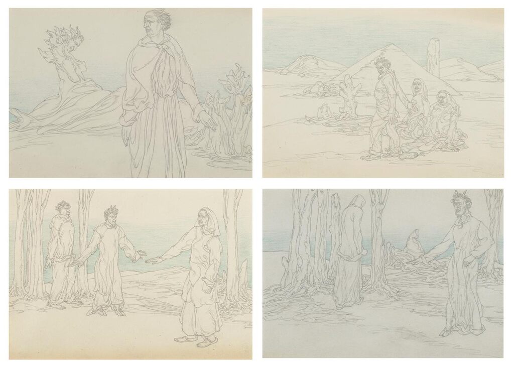 Figures in a blue landscape: four drawings from the album 'Threshold: Quasi-Automatic Drawings'