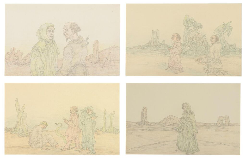 Figures in a desolate landscape: four drawings from the album 'Threshold: Quasi-Automatic Drawings'