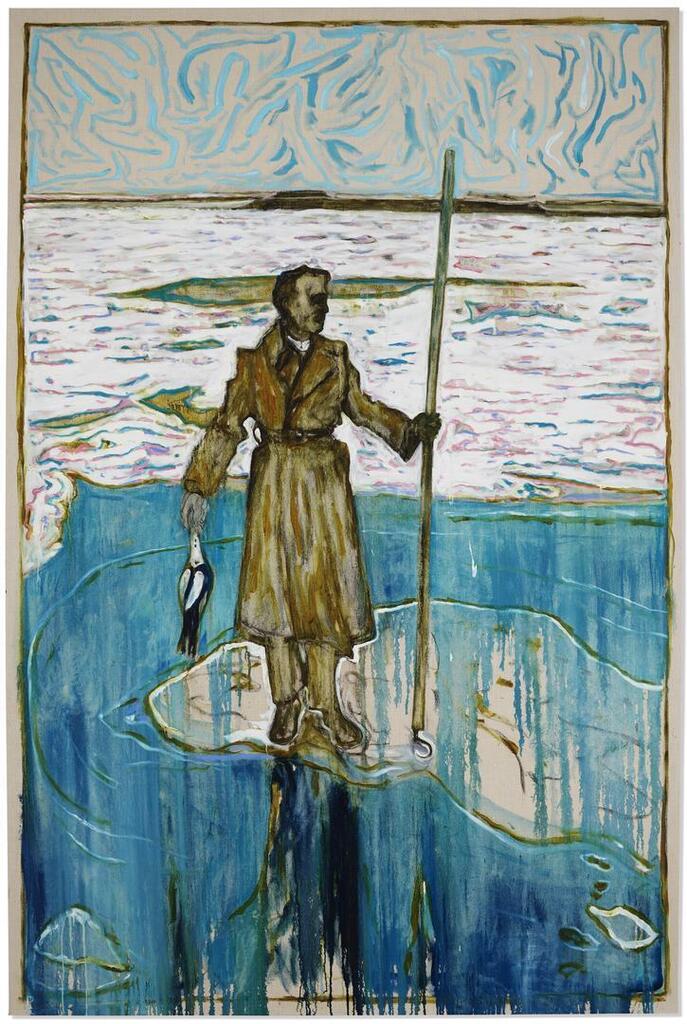 Man stood on ice holding a dead duck (off hoo ness, river medway 1963) (version z)