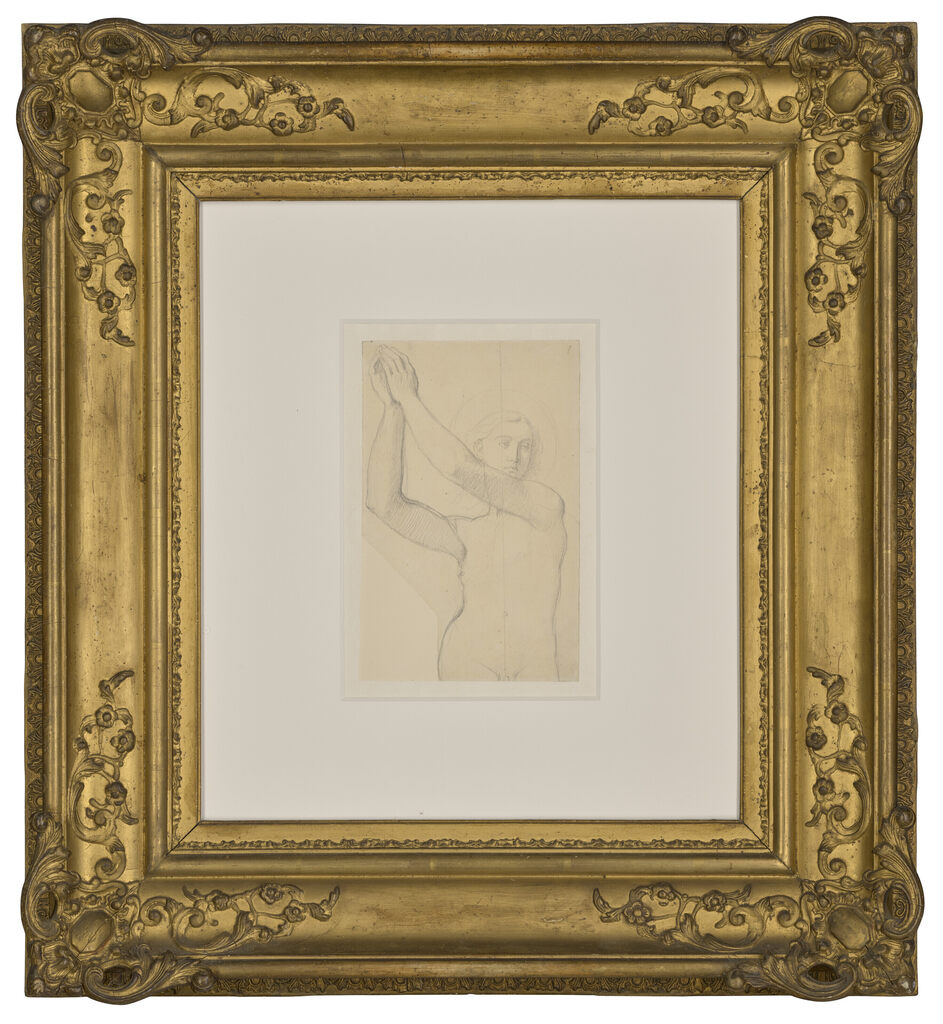 Study of a nude young man with a halo, half-length, his arms raised to the left