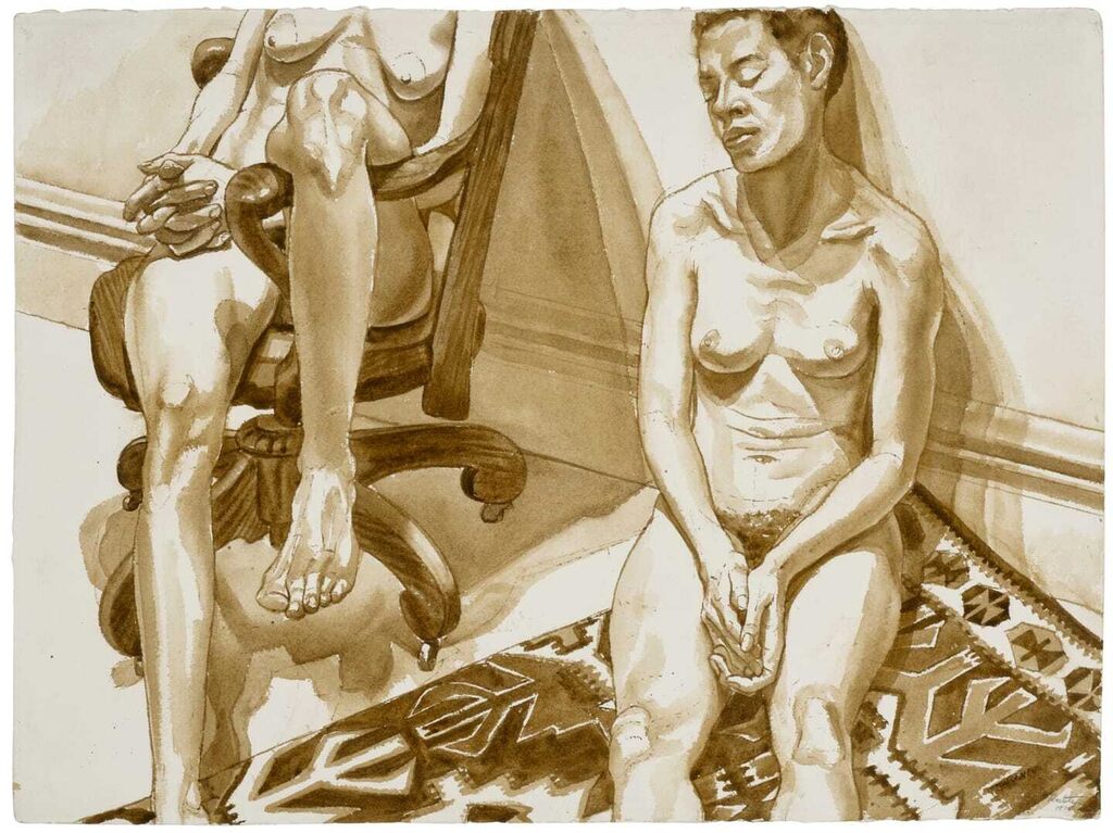 Two Seated Models on Office Chair and Rug