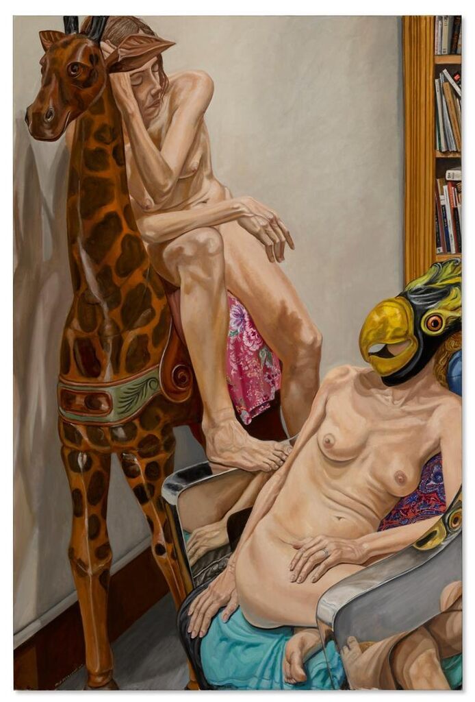Two Models with Giraffe and Bird Masks, Chrome Chair and Bookshelves
