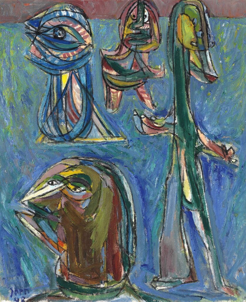 Asger Jorn: "Together but not content", 1948. Signed Jorn 48. Executed on the island of Djerba off the coast of Tunis. Oil on canvas. 54 x 45 cm