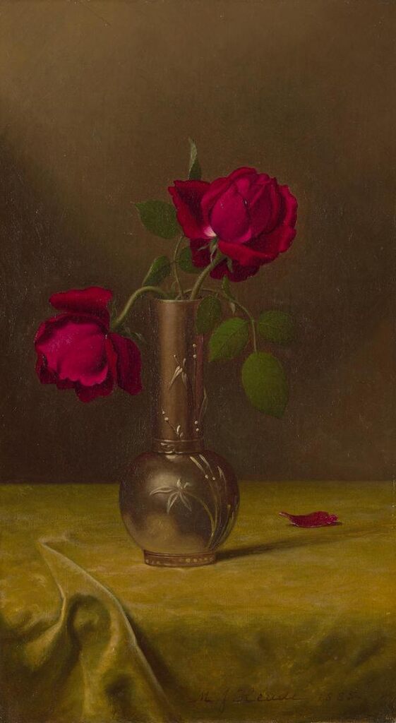Two Roses in a Metal Vase