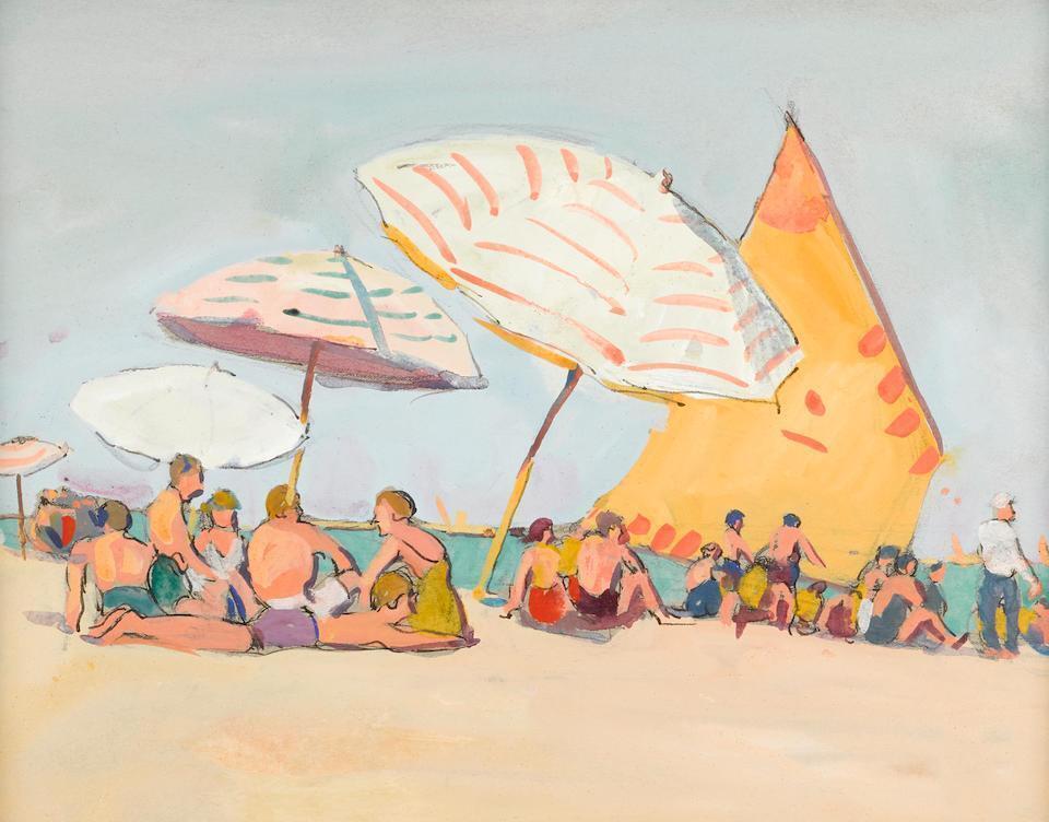 Beach Scene with Yellow and Orange Sail