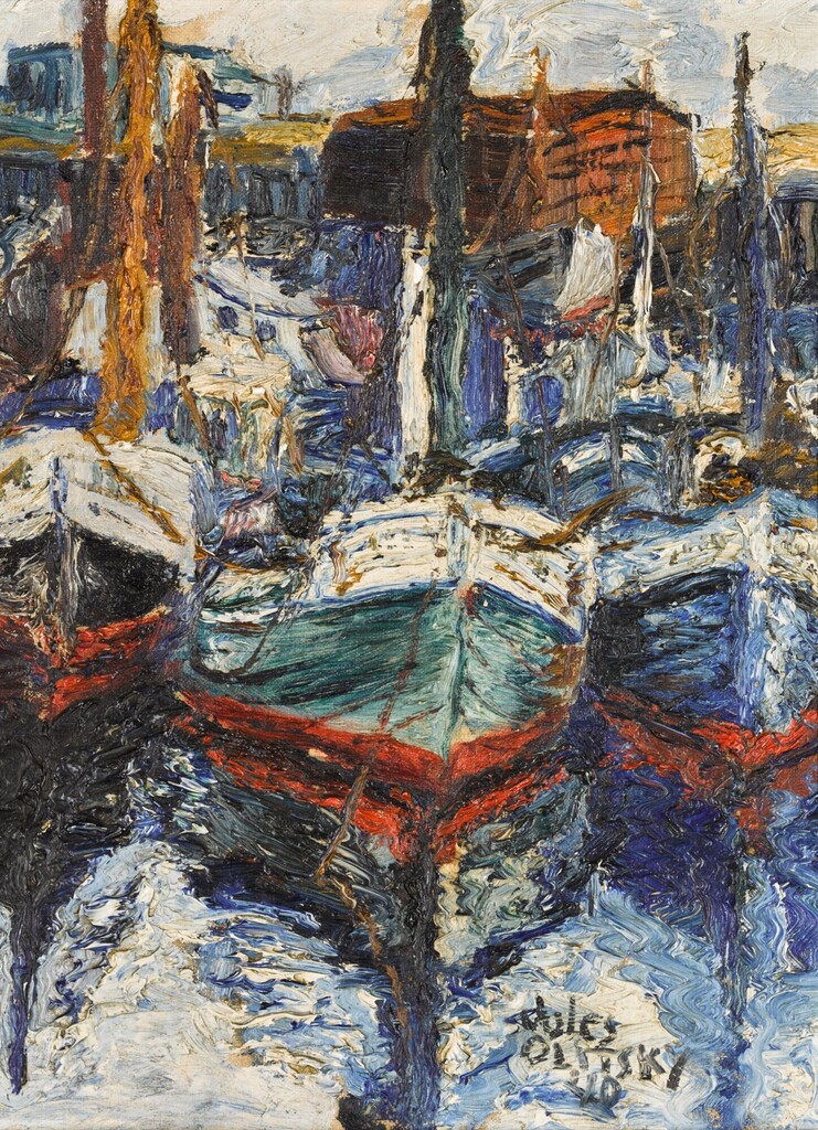Untitled (Three Boats in Harbor)
