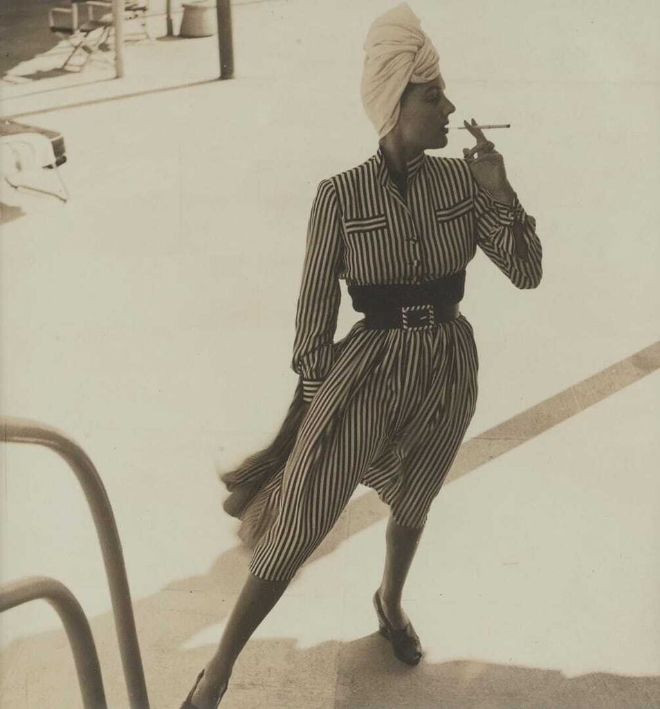 Woman Smoking in Stripped Dress