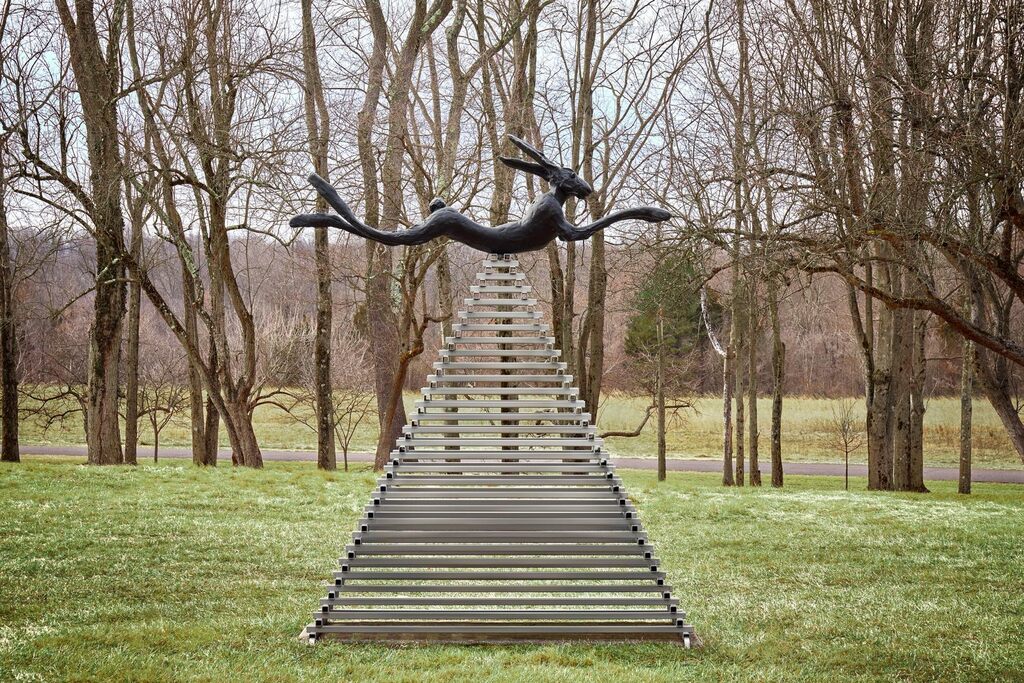 Barry Flanagan, Six Foot Leaping Hare on Steel Pyramid