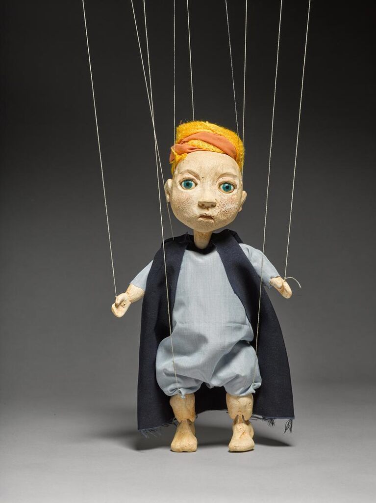 Marionette and vitrine with stand, from the Cabaret Crusades trilogy